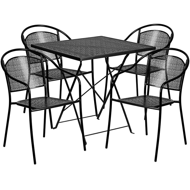 Flash Furniture Commercial Grade 28" Square Black Indoor-Outdoor Steel Folding Patio Table Set with 4 Round Back Chairs, Model#