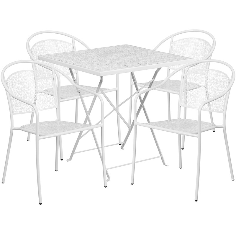 Flash Furniture Commercial Grade 28" Square White Indoor-Outdoor Steel Folding Patio Table Set with 4 Round Back Chairs, Model#