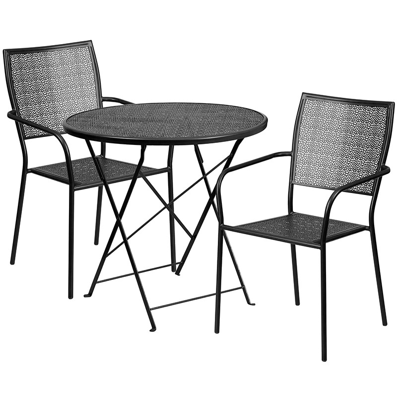 Flash Furniture Commercial Grade 30" Round Black Indoor-Outdoor Steel Folding Patio Table Set with 2 Square Back Chairs, Model#