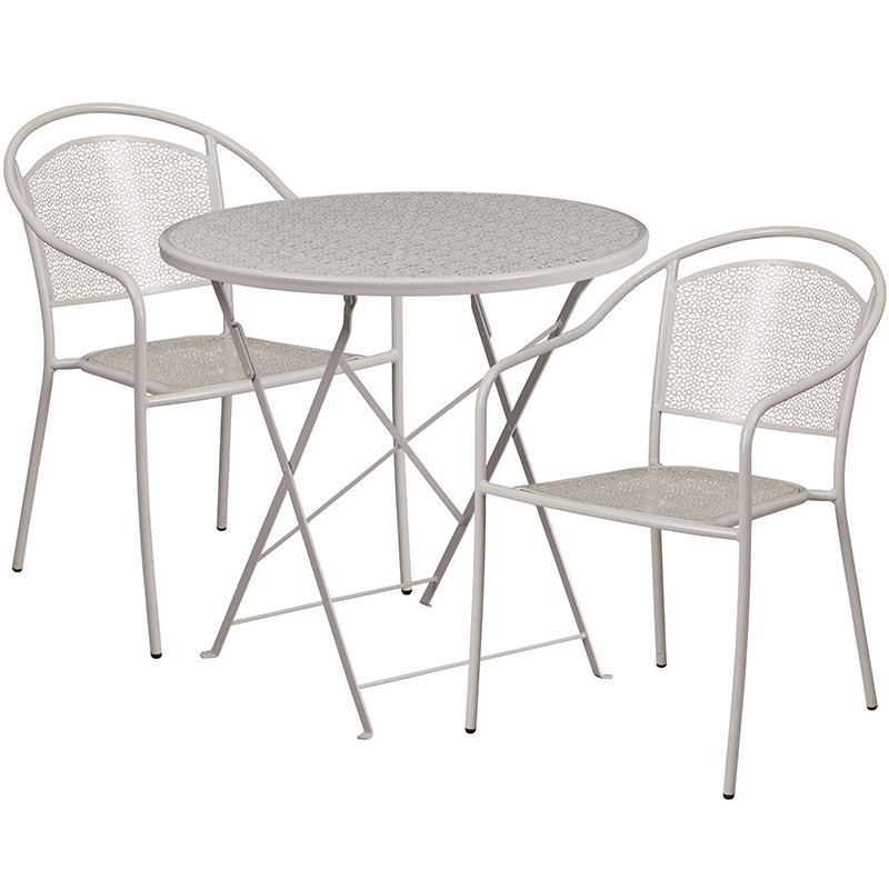 Flash Furniture Commercial Grade 30" Round Light Gray Indoor-Outdoor Steel Folding Patio Table Set with 2 Round Back Chairs, Model#