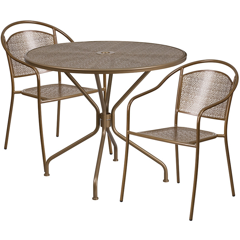 Flash Furniture Commercial Grade 35.25" Round Gold Indoor-Outdoor Steel Patio Table Set with 2 Round Back Chairs, Model# CO-35RD-03CHR2-GD-GG