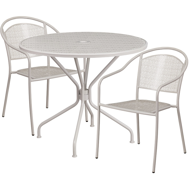 Flash Furniture Commercial Grade 35.25" Round Light Gray Indoor-Outdoor Steel Patio Table Set with 2 Round Back Chairs, Model#