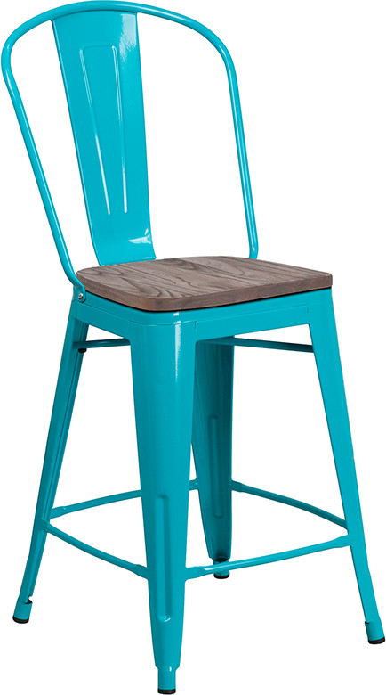 Flash Furniture 24" High Crystal Teal-Blue Metal Counter Height Stool with Back and Wood Seat, Model# ET-3534-24-CB-WD-GG