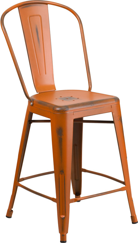 Flash Furniture Commercial Grade 24" High Distressed Orange Metal Indoor-Outdoor Counter Height Stool with Back, Model# ET-3534-24-OR-GG