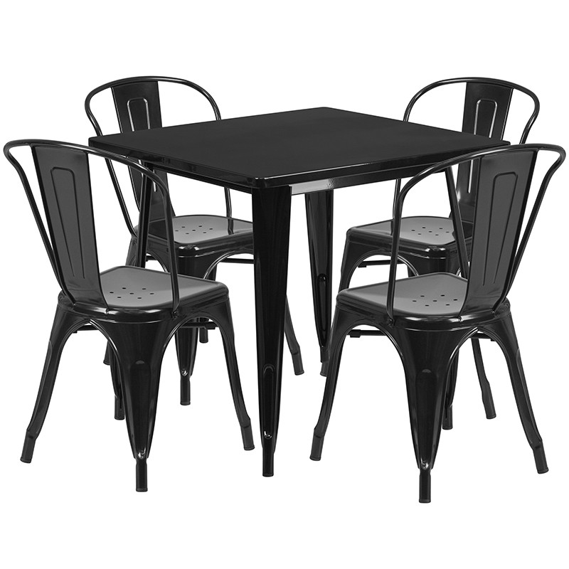 Flash Furniture Commercial Grade 31.5" Square Black Metal Indoor-Outdoor Table Set with 4 Stack Chairs, Model# ET-CT002-4-30-BK-GG