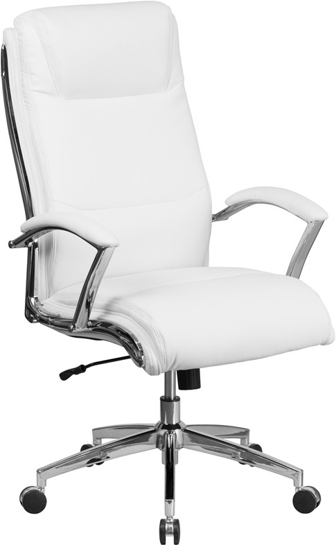 Flash Furniture High Back Designer White LeatherSoft Smooth Upholstered Executive Swivel Office Chair with Chrome Base and Arms, Model# GO-2192-WH-GG