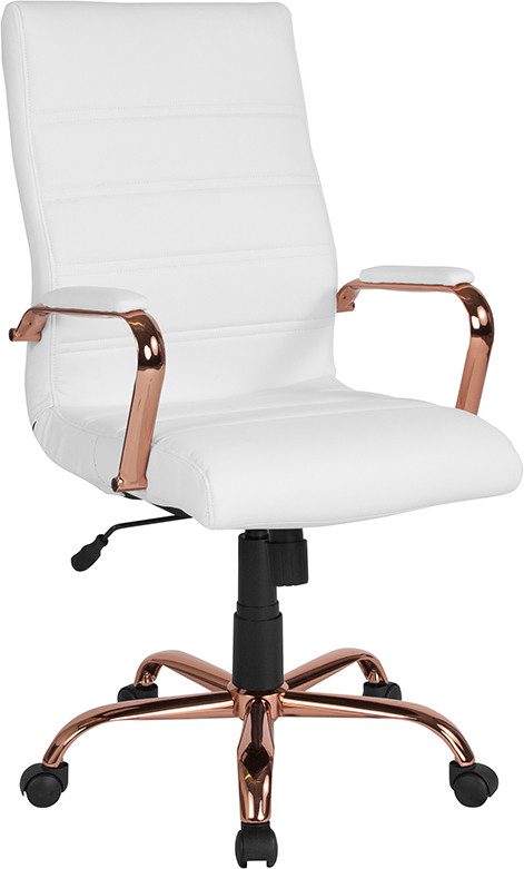 Flash Furniture High Back White LeatherSoft Executive Swivel Office Chair with Rose Gold Frame and Arms, Model# GO-2286H-WH-RSGLD-GG