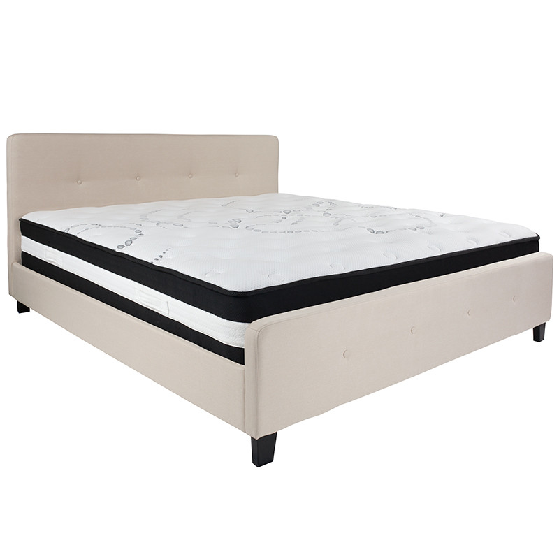 Flash Furniture Tribeca King Size Tufted Upholstered Platform Bed in Beige Fabric with Pocket Spring Mattress, Model# HG-BM-20-GG