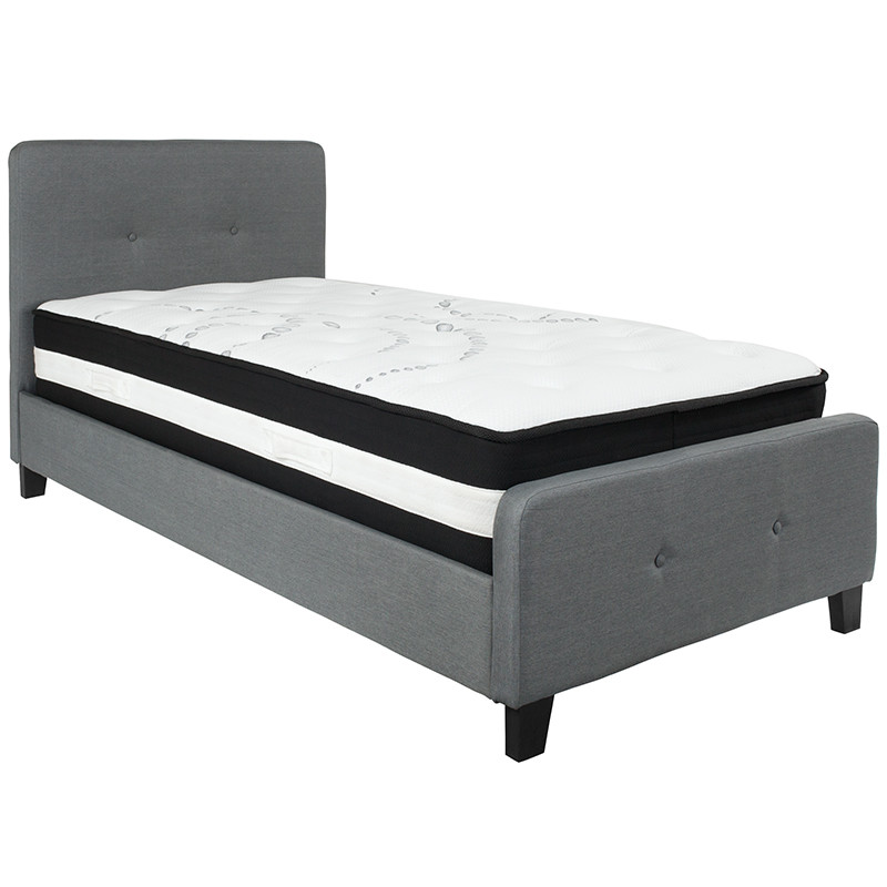 Flash Furniture Tribeca Twin Size Tufted Upholstered Platform Bed in Dark Gray Fabric with Pocket Spring Mattress, Model# HG-BM-29-GG