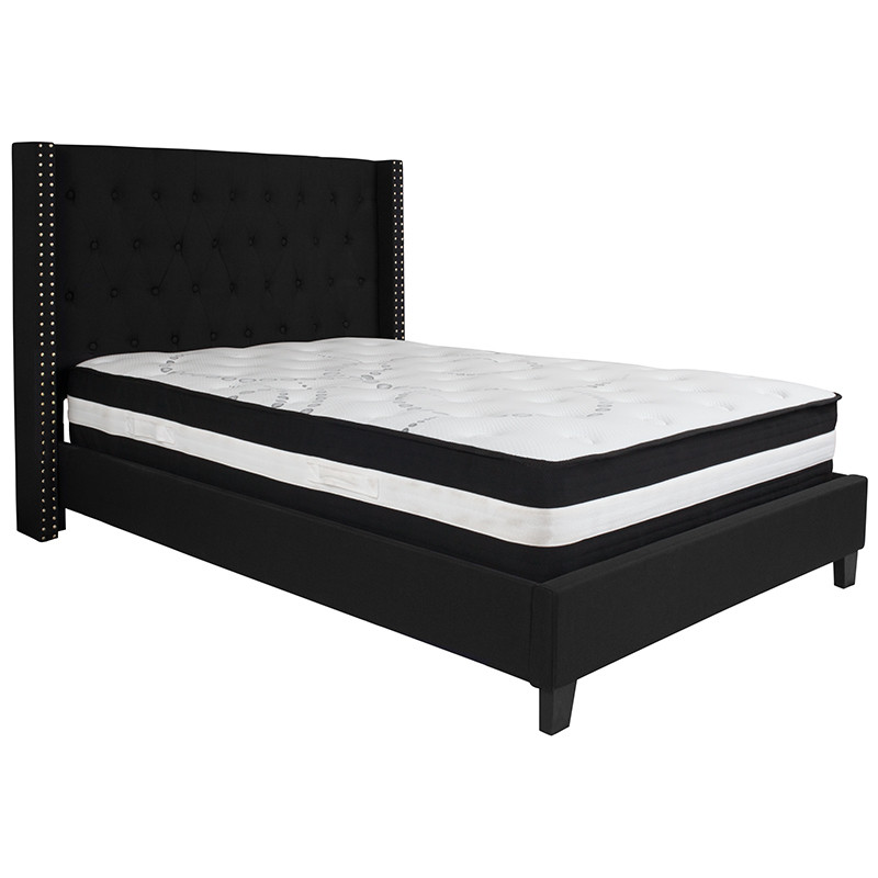 Flash Furniture Riverdale Full Size Tufted Upholstered Platform Bed in Black Fabric with Pocket Spring Mattress, Model# HG-BM-38-GG