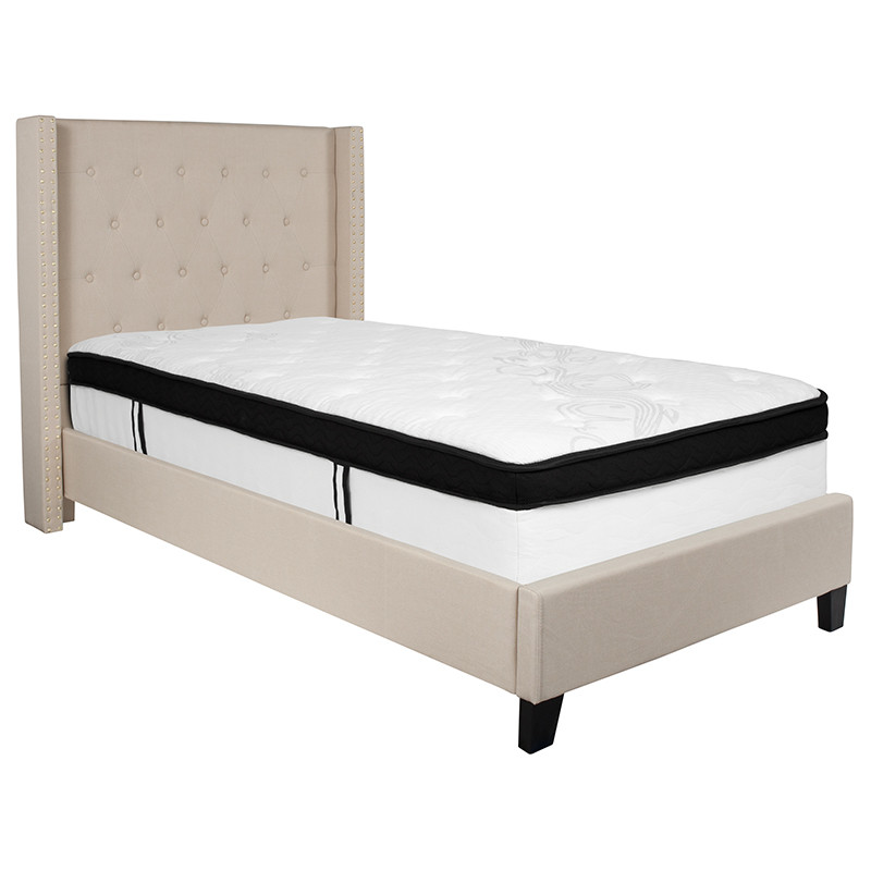 Flash Furniture Riverdale Twin Size Tufted Upholstered Platform Bed in Beige Fabric with Memory Foam Mattress, Model# HG-BMF-33-GG