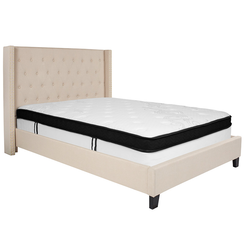 Flash Furniture Riverdale Full Size Tufted Upholstered Platform Bed in Beige Fabric with Memory Foam Mattress, Model# HG-BMF-34-GG