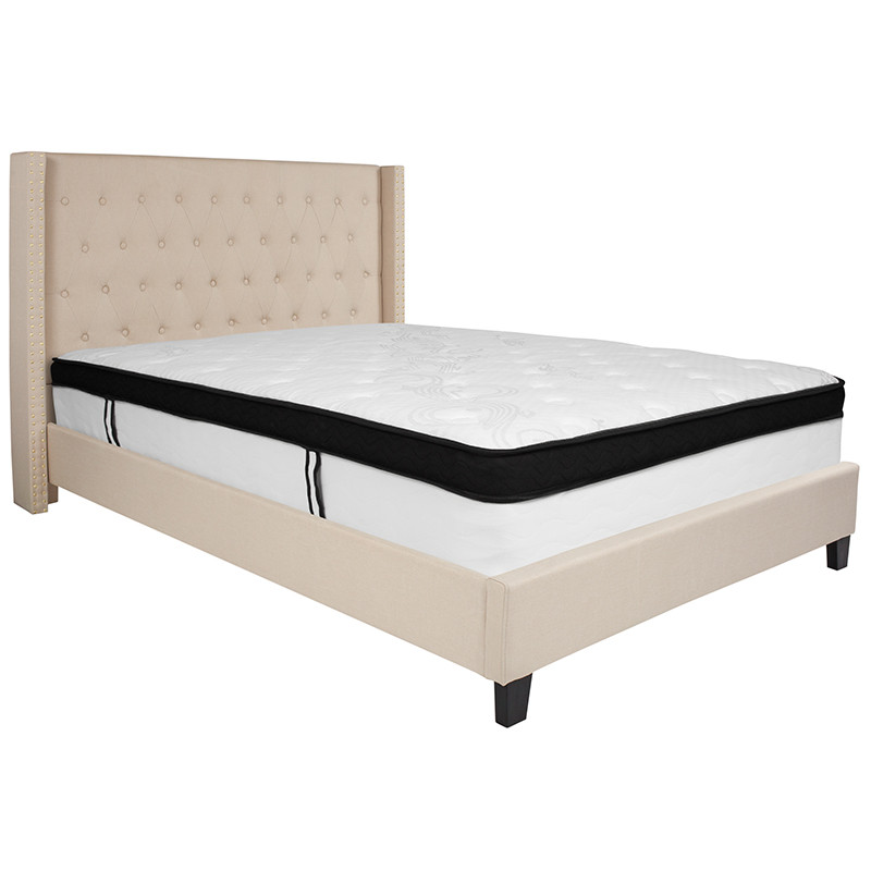 Flash Furniture Riverdale Queen Size Tufted Upholstered Platform Bed in Beige Fabric with Memory Foam Mattress, Model# HG-BMF-35-GG