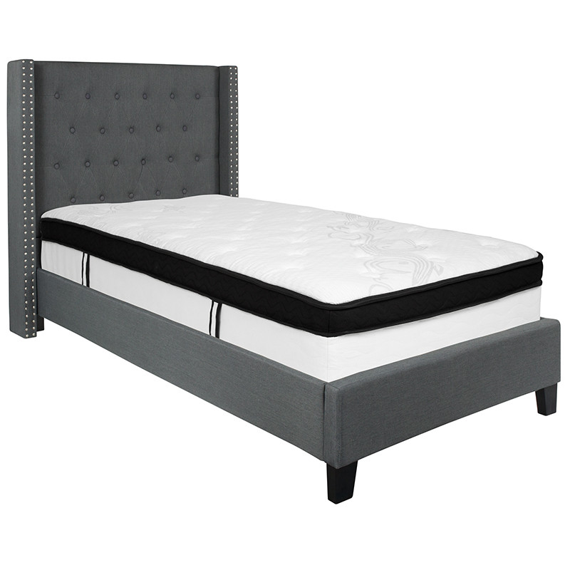 Flash Furniture Riverdale Twin Size Tufted Upholstered Platform Bed in Dark Gray Fabric with Memory Foam Mattress, Model# HG-BMF-45-GG