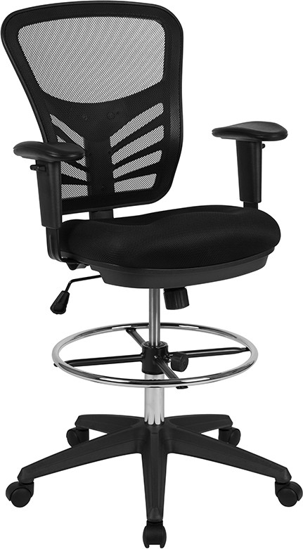 Flash Furniture Mid-Back Black Mesh Ergonomic Drafting Chair with Adjustable Chrome Foot Ring, Adjustable Arms and Black Frame, Model#