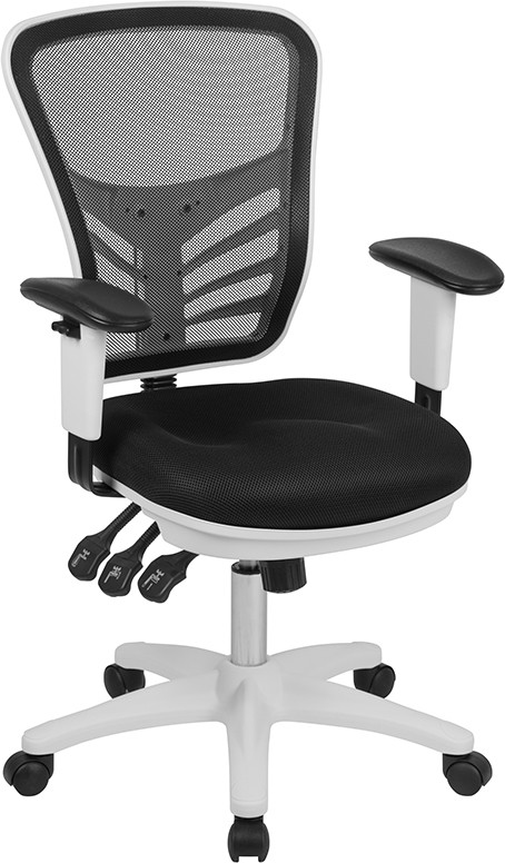 Flash Furniture Mid-Back Black Mesh Multifunction Executive Swivel Ergonomic Office Chair with Adjustable Arms and White Frame, Model#