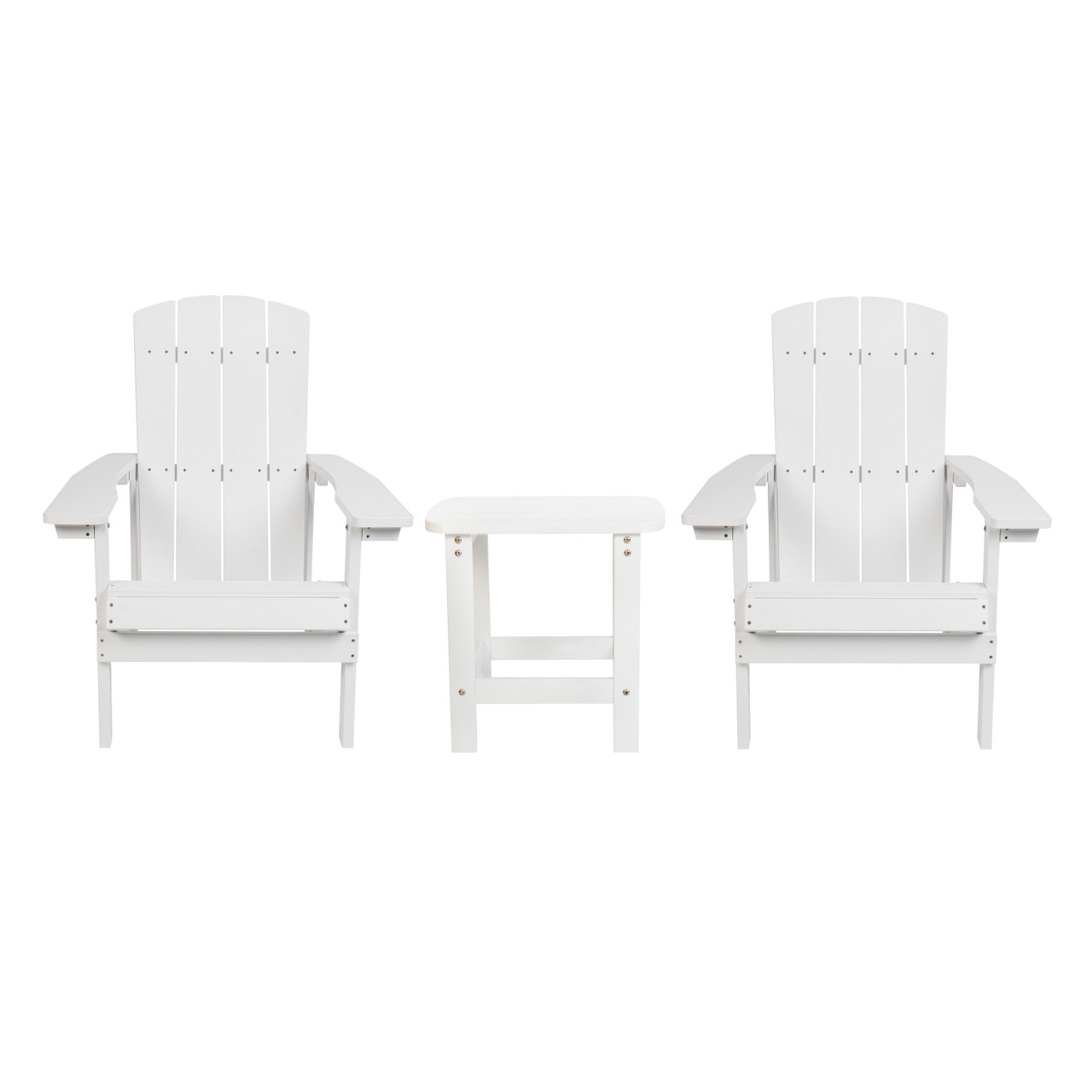 Flash Furniture 2 Pack Charlestown All-Weather Poly Resin Wood Adirondack Chairs with Side Table in White, Model# JJ-C14501-2-T14001-WH-GG