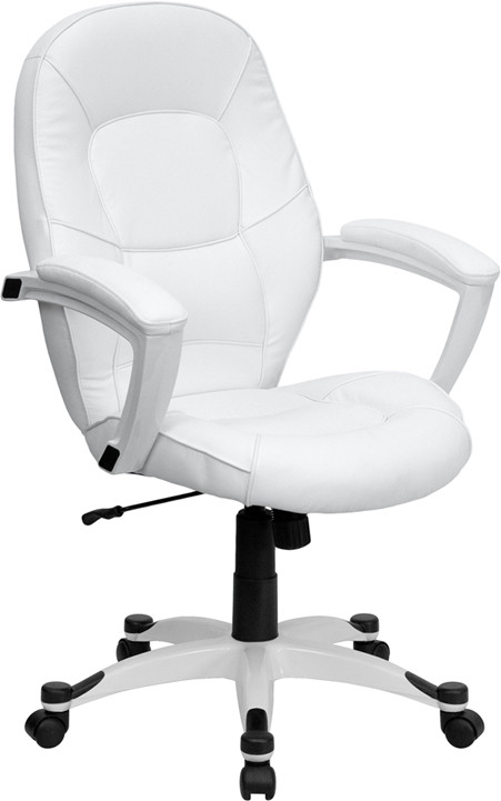 Flash Furniture Mid-Back White LeatherSoft Tapered Back Executive Swivel Office Chair with White Base and Arms, Model# QD-5058M-WHITE-GG