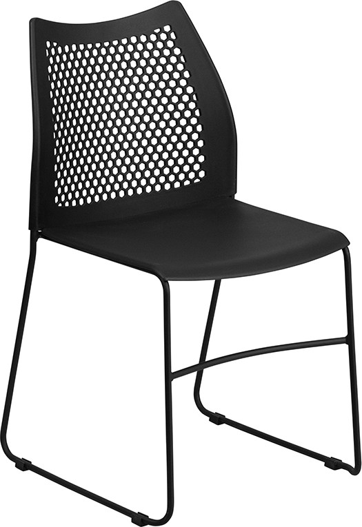 Flash Furniture HERCULES Series 661 lb. Capacity Black Stack Chair with Air-Vent Back and Black Powder Coated Sled Base, Model# RUT-498A-BLACK-GG