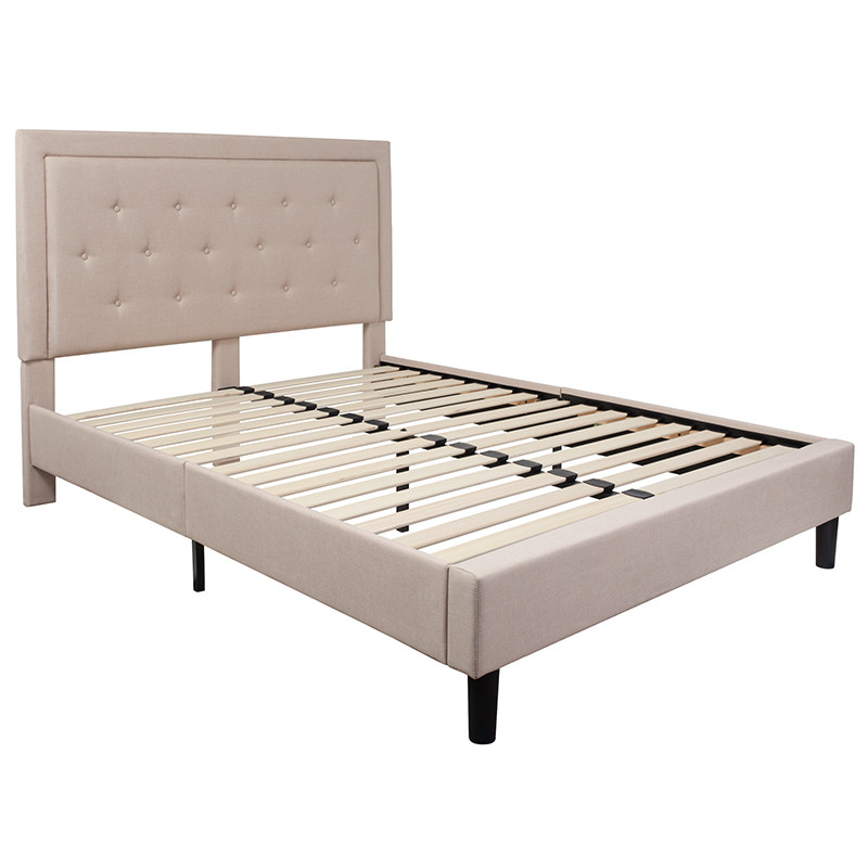 Flash Furniture Roxbury Queen Size Tufted Upholstered Platform Bed in Beige Fabric, Model# SL-BK5-Q-B-GG