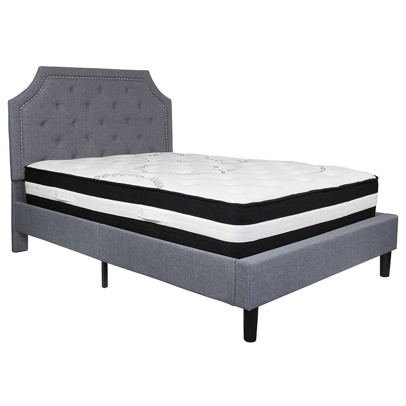 Flash Furniture Brighton Full Size Tufted Upholstered Platform Bed in Light Gray Fabric with Pocket Spring Mattress, Model# SL-BM-10-GG