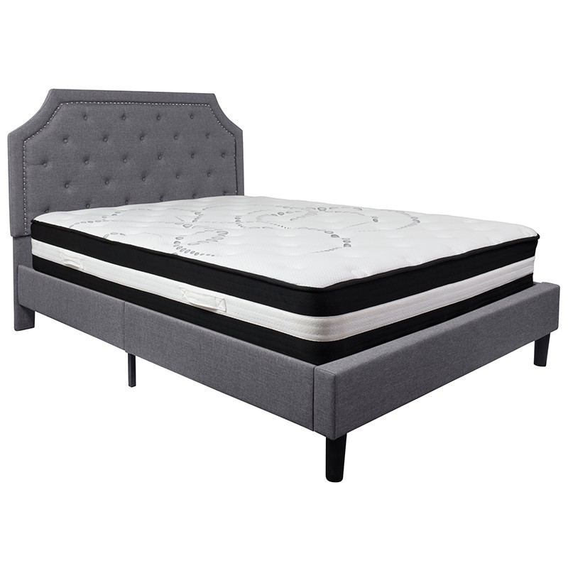 Flash Furniture Brighton Queen Size Tufted Upholstered Platform Bed in Light Gray Fabric with Pocket Spring Mattress, Model# SL-BM-11-GG