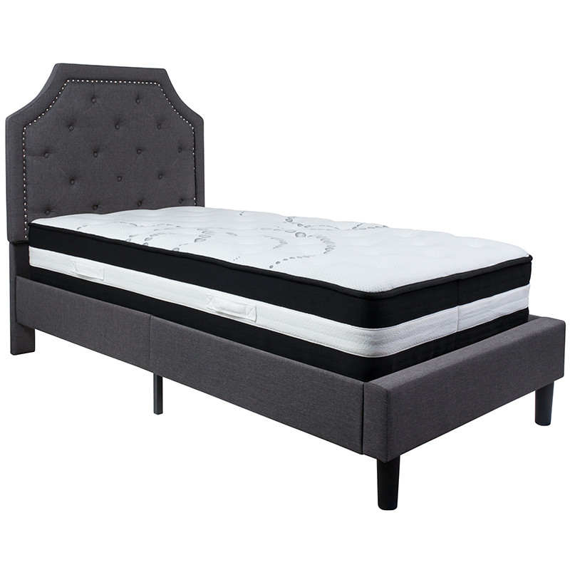 Flash Furniture Brighton Twin Size Tufted Upholstered Platform Bed in Dark Gray Fabric with Pocket Spring Mattress, Model# SL-BM-13-GG