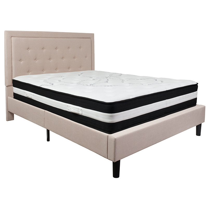 Flash Furniture Roxbury Queen Size Tufted Upholstered Platform Bed in Beige Fabric with Pocket Spring Mattress, Model# SL-BM-19-GG