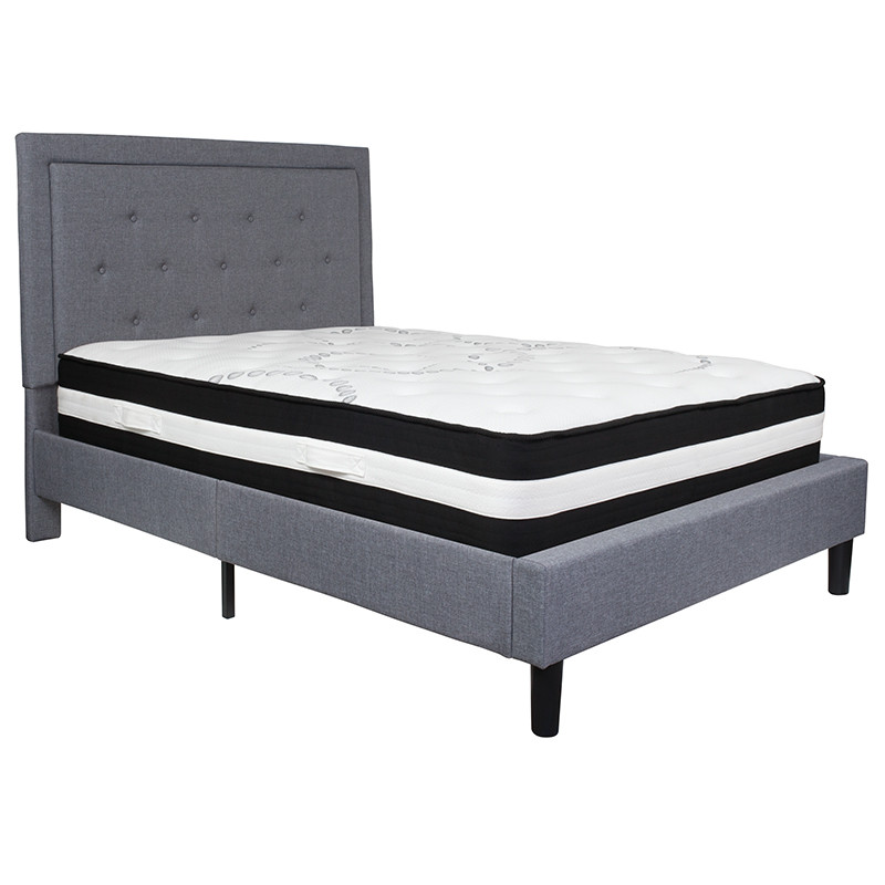 Flash Furniture Roxbury Full Size Tufted Upholstered Platform Bed in Light Gray Fabric with Pocket Spring Mattress, Model# SL-BM-26-GG