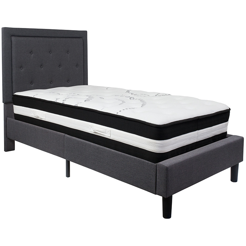 Flash Furniture Roxbury Twin Size Tufted Upholstered Platform Bed in Dark Gray Fabric with Pocket Spring Mattress, Model# SL-BM-29-GG