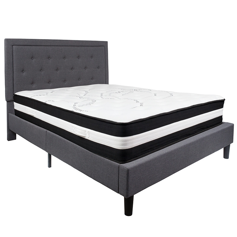 Flash Furniture Roxbury Queen Size Tufted Upholstered Platform Bed in Dark Gray Fabric with Pocket Spring Mattress, Model# SL-BM-31-GG