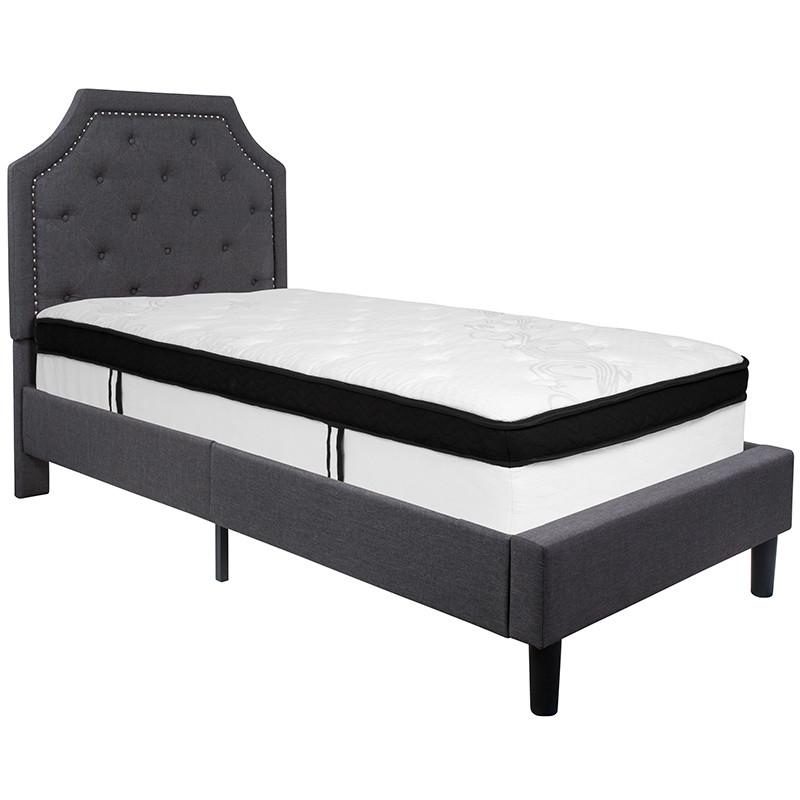 Flash Furniture Brighton Twin Size Tufted Upholstered Platform Bed in Dark Gray Fabric with Memory Foam Mattress, Model# SL-BMF-13-GG