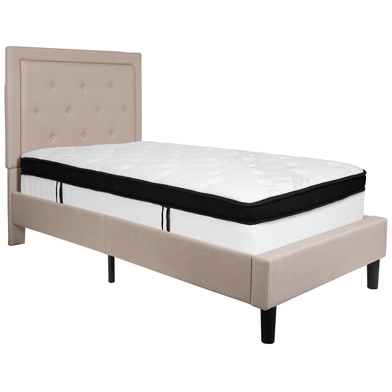 Flash Furniture Roxbury Twin Size Tufted Upholstered Platform Bed in Beige Fabric with Memory Foam Mattress, Model# SL-BMF-17-GG