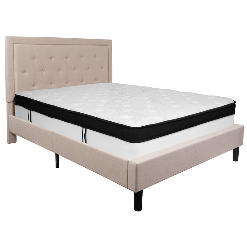 Flash Furniture Roxbury Queen Size Tufted Upholstered Platform Bed in Beige Fabric with Memory Foam Mattress, Model# SL-BMF-19-GG