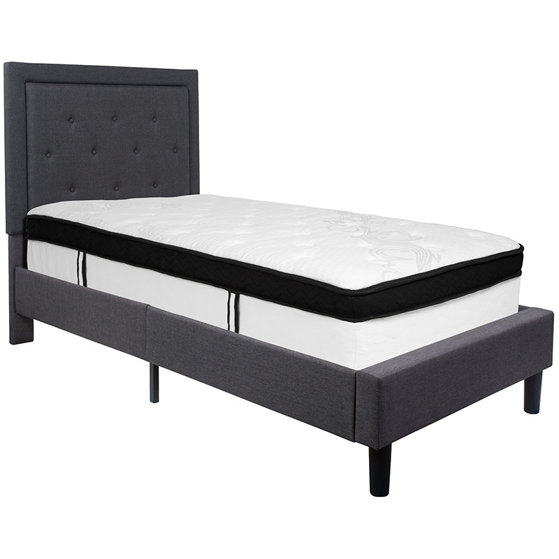 Flash Furniture Roxbury Twin Size Tufted Upholstered Platform Bed in Dark Gray Fabric with Memory Foam Mattress, Model# SL-BMF-29-GG