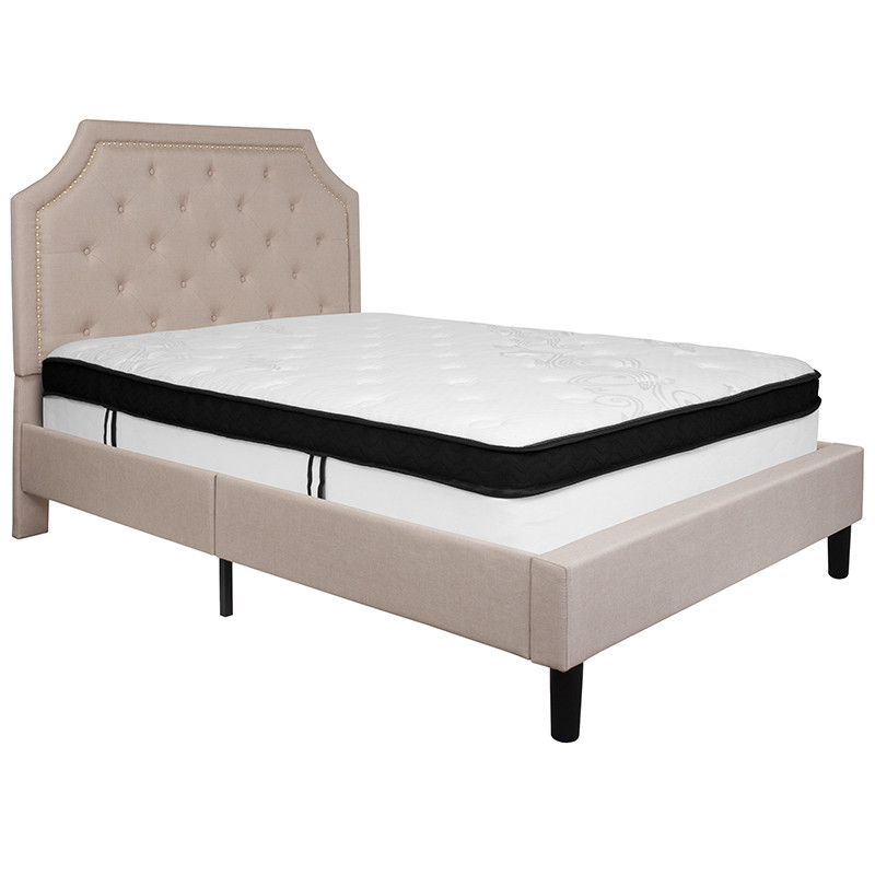 Flash Furniture Brighton Full Size Tufted Upholstered Platform Bed in Beige Fabric with Memory Foam Mattress, Model# SL-BMF-2-GG