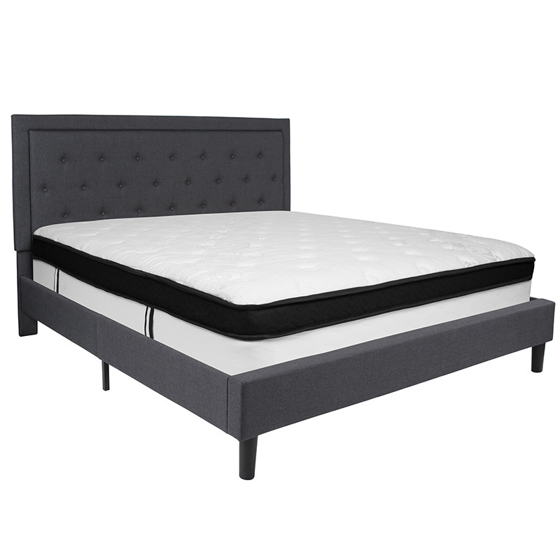 Flash Furniture Roxbury King Size Tufted Upholstered Platform Bed in Dark Gray Fabric with Memory Foam Mattress, Model# SL-BMF-32-GG