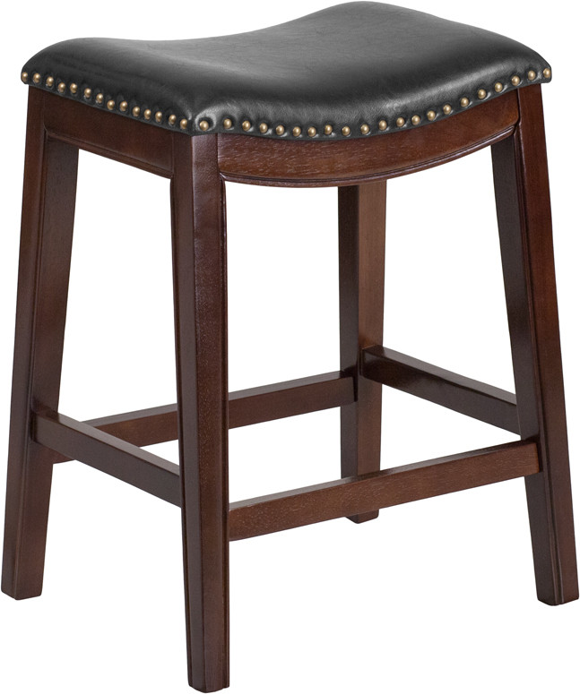 Flash Furniture 26" High Backless Cappuccino Wood Counter Height Stool with Black LeatherSoft Saddle Seat, Model# TA-411026-CA-GG