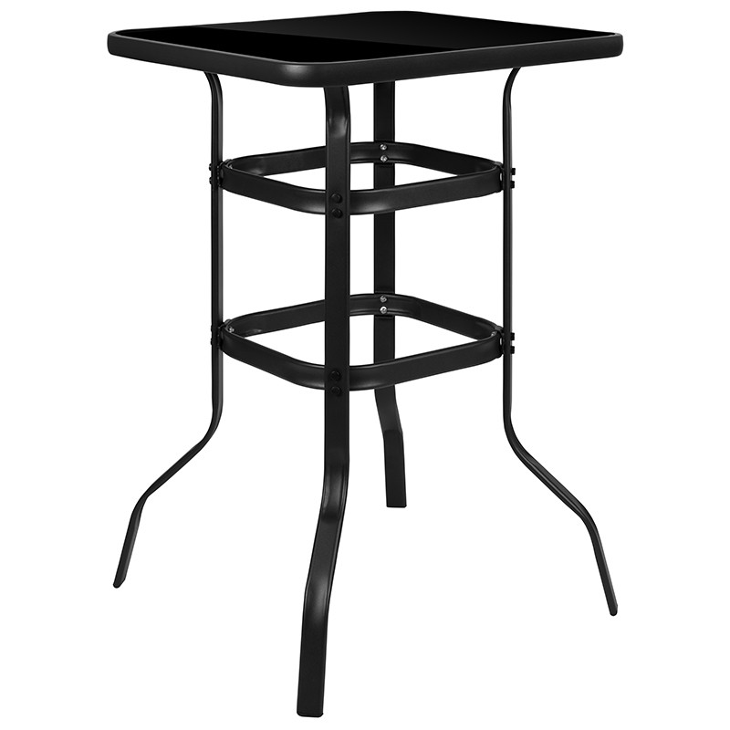 Flash Furniture 27.5" Square Black Tempered Glass Bar Height Metal Patio Bar Table, Model# TLH-073H-B-GG