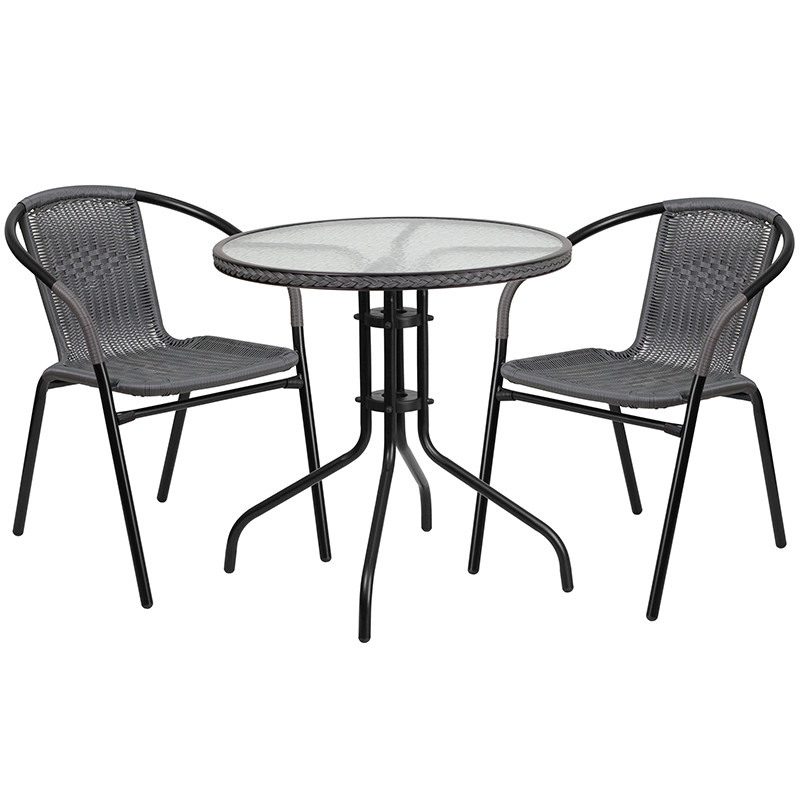 Flash Furniture 28" Round Glass Metal Table with Gray Rattan Edging and 2 Gray Rattan Stack Chairs, Model# TLH-087RD-037GY2-GG