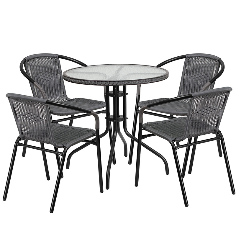 Flash Furniture 28" Round Glass Metal Table with Gray Rattan Edging and 4 Gray Rattan Stack Chairs, Model# TLH-087RD-037GY4-GG