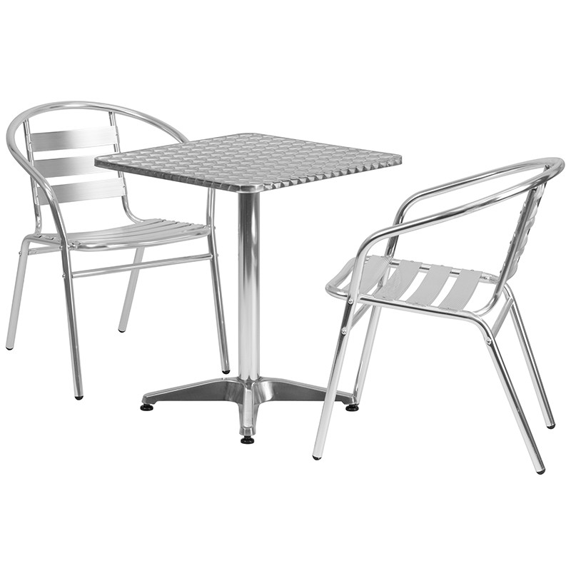 Flash Furniture 23.5" Square Aluminum Indoor-Outdoor Table Set with 2 Slat Back Chairs, Model# TLH-ALUM-24SQ-017BCHR2-GG