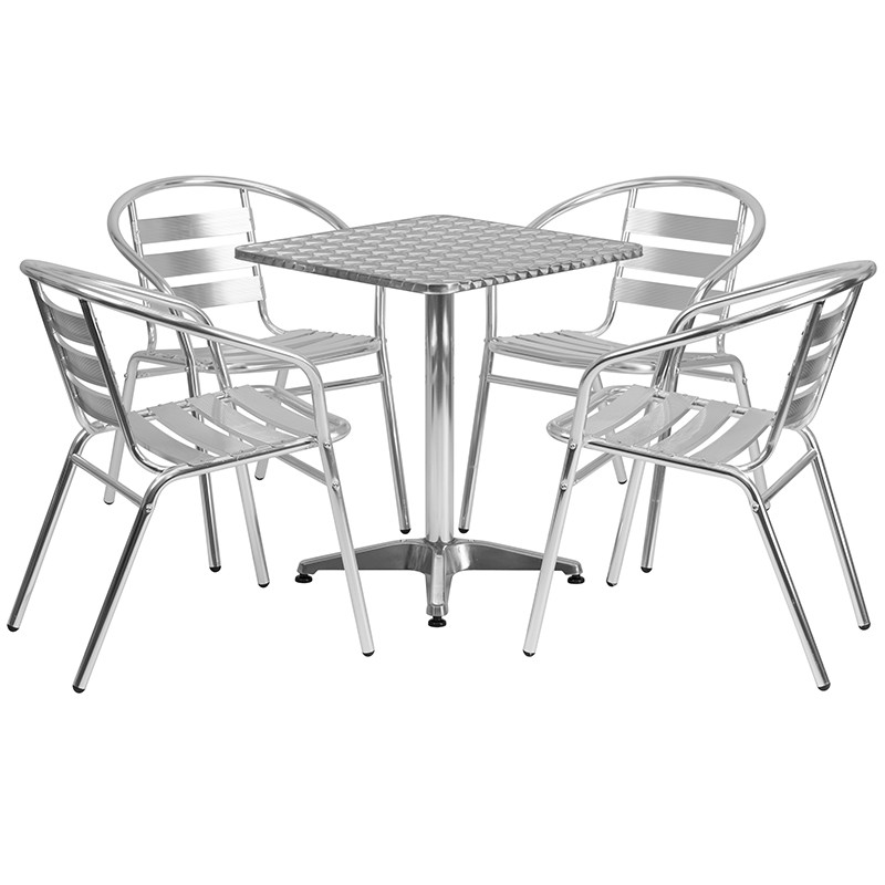 Flash Furniture 23.5" Square Aluminum Indoor-Outdoor Table Set with 4 Slat Back Chairs, Model# TLH-ALUM-24SQ-017BCHR4-GG