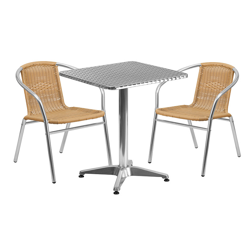 Flash Furniture 23.5" Square Aluminum Indoor-Outdoor Table Set with 2 Beige Rattan Chairs, Model# TLH-ALUM-24SQ-020BGECHR2-GG