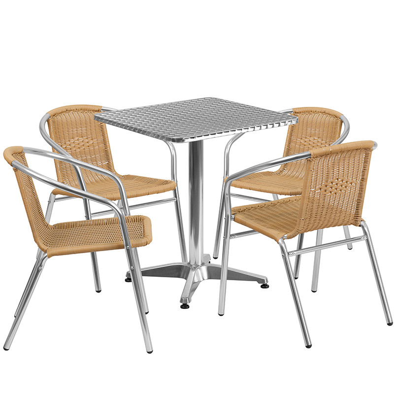 Flash Furniture 23.5" Square Aluminum Indoor-Outdoor Table Set with 4 Beige Rattan Chairs, Model# TLH-ALUM-24SQ-020BGECHR4-GG