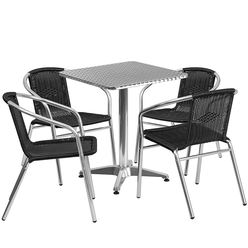 Flash Furniture 23.5" Square Aluminum Indoor-Outdoor Table Set with 4 Black Rattan Chairs, Model# TLH-ALUM-24SQ-020BKCHR4-GG