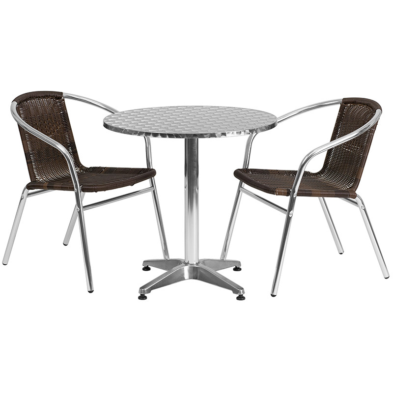 Flash Furniture 27.5" Round Aluminum Indoor-Outdoor Table Set with 2 Dark Brown Rattan Chairs, Model# TLH-ALUM-28RD-020CHR2-GG