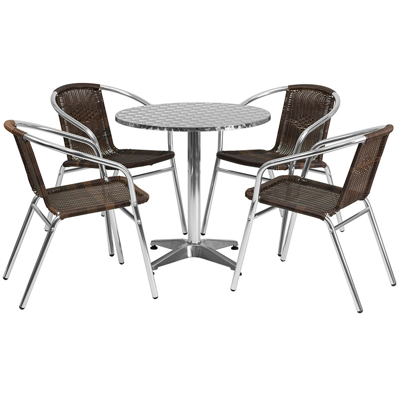 Flash Furniture 27.5" Round Aluminum Indoor-Outdoor Table Set with 4 Dark Brown Rattan Chairs, Model# TLH-ALUM-28RD-020CHR4-GG