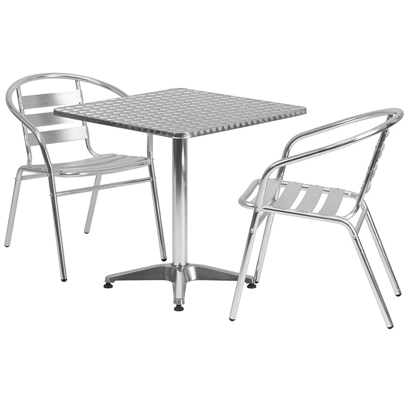 Flash Furniture 27.5" Square Aluminum Indoor-Outdoor Table Set with 2 Slat Back Chairs, Model# TLH-ALUM-28SQ-017BCHR2-GG