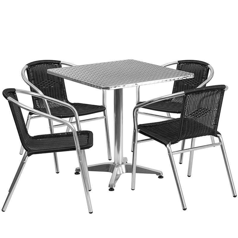 Flash Furniture 27.5" Square Aluminum Indoor-Outdoor Table Set with 4 Black Rattan Chairs, Model# TLH-ALUM-28SQ-020BKCHR4-GG